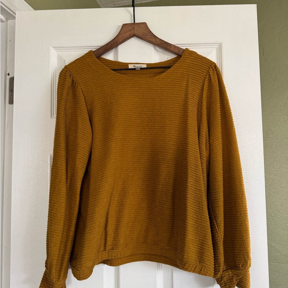 Madewell Mustard Ribbed Long Sleeve Top linen cotton blend